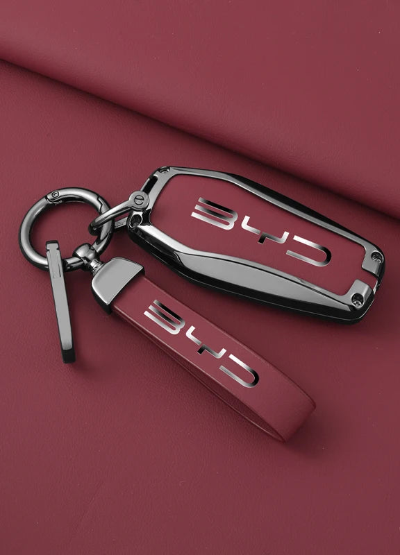 Durable maroon leather car key case for BYD